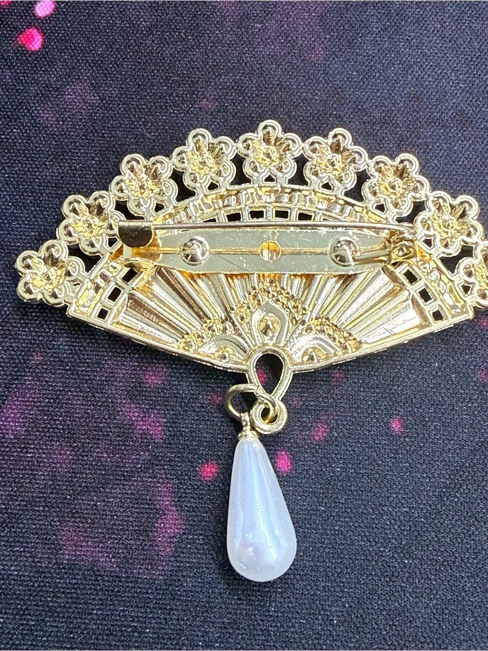 Gold-Tone Blue & Green Fan Brooch with Pearl Drop